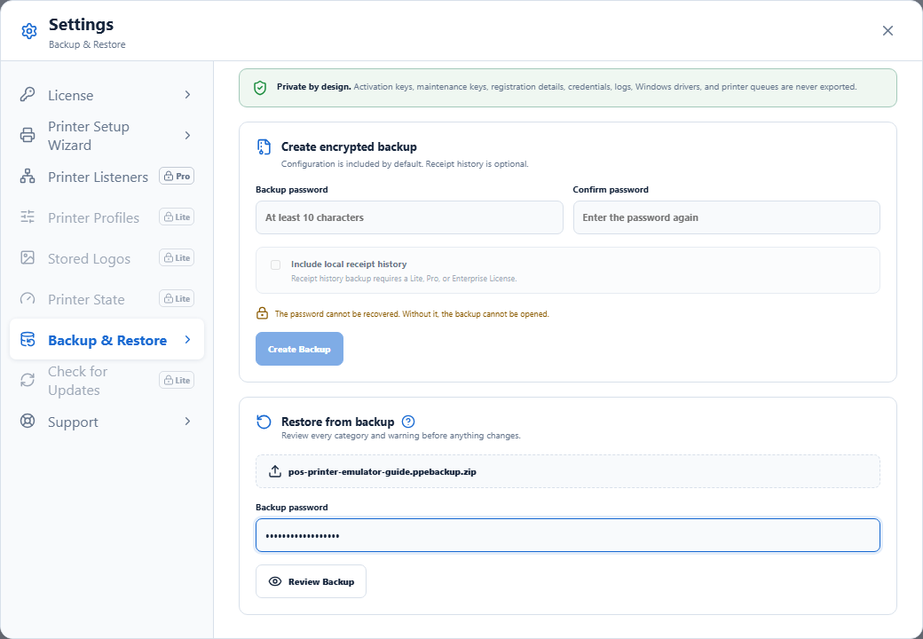 Restore form with an encrypted backup selected and password field ready