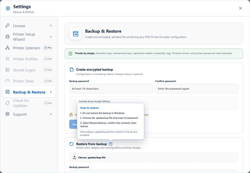Backup and Restore settings with the restore help tooltip open