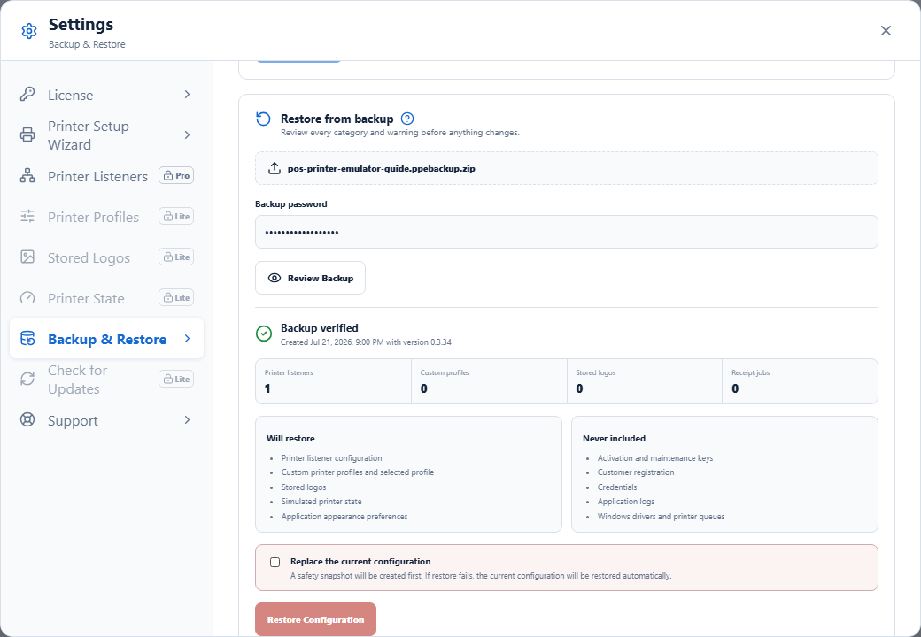Verified backup preview showing included and excluded configuration before restore