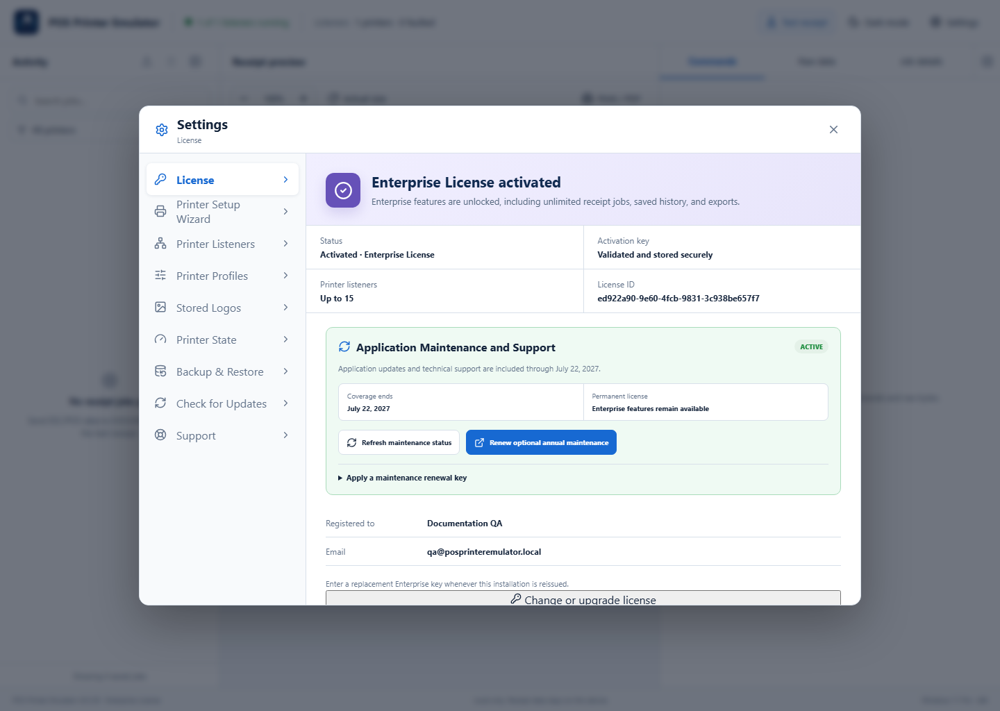 Enterprise License status and maintenance coverage in POS Printer Emulator