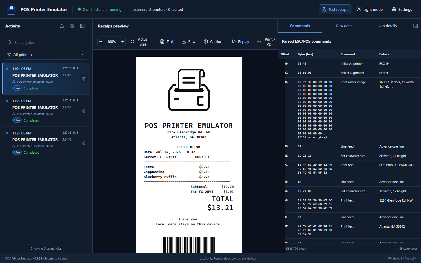 Activity panel with three completed receipt jobs and one selected job