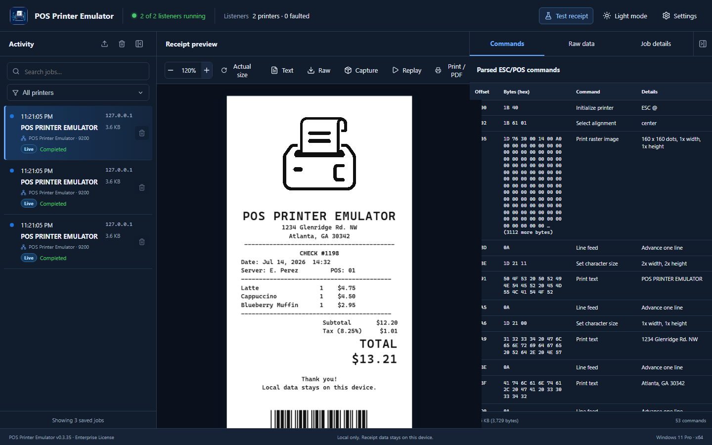 Receipt preview at 120 percent with export, replay, and print controls