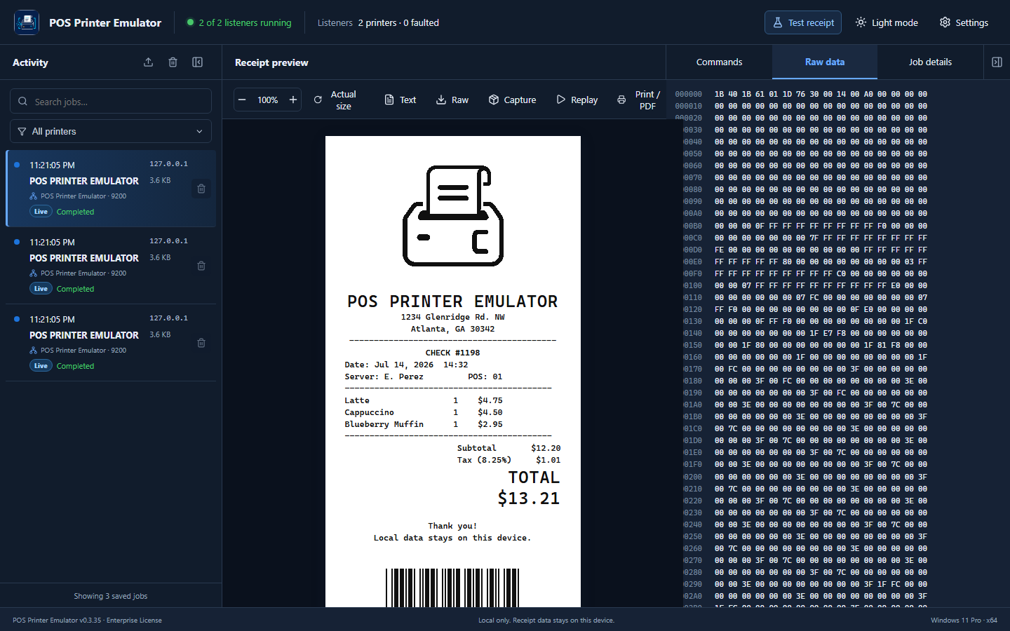 Raw data tab showing the original receipt payload in hexadecimal lines