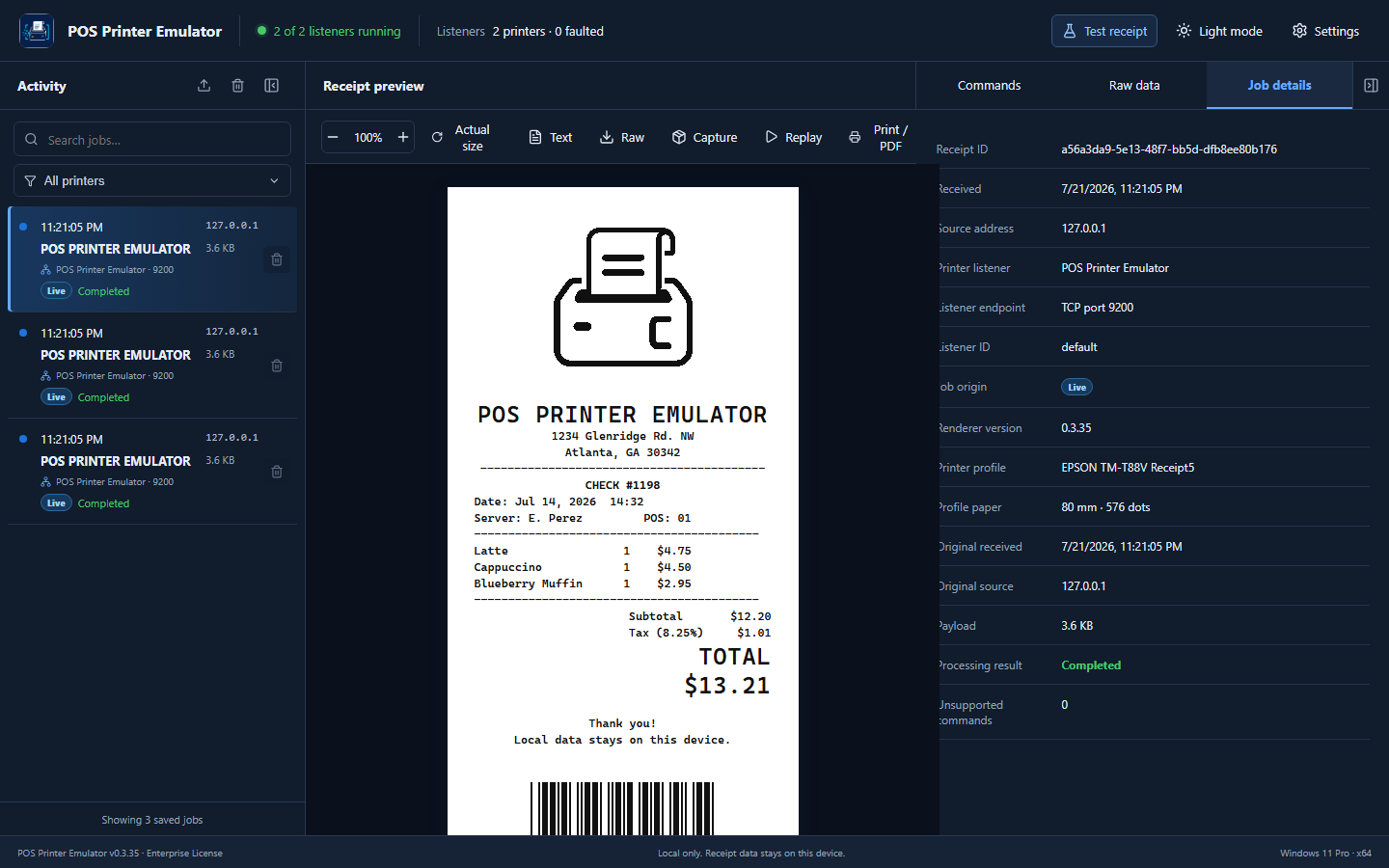 Job details tab showing receipt source listener origin profile result and warning information