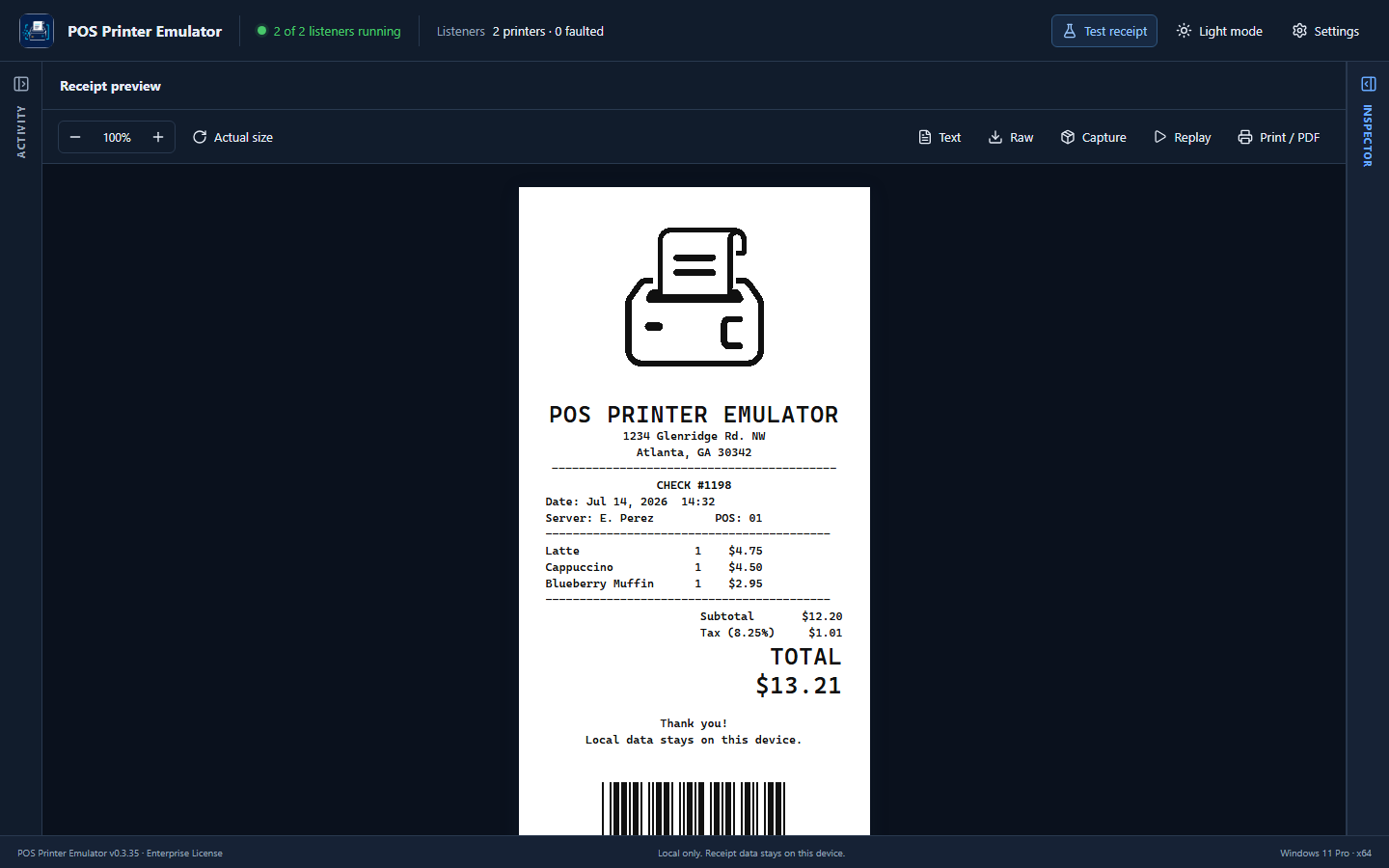 Wide receipt preview with Activity and Inspector panels collapsed