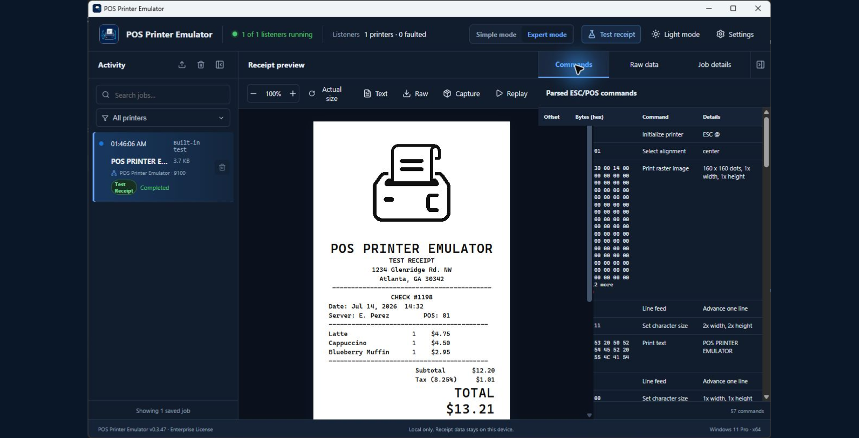 POS Printer Emulator v0.3.55 Expert Mode using the dark theme