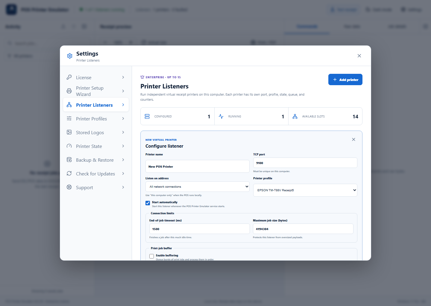 New Printer Listener editor with address, port, and profile controls