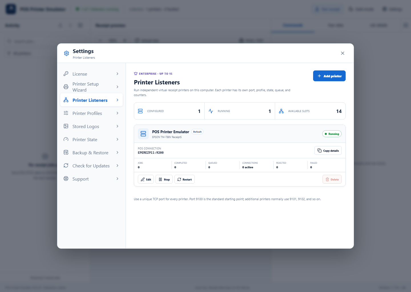 Printer Listeners overview showing configured and running printers