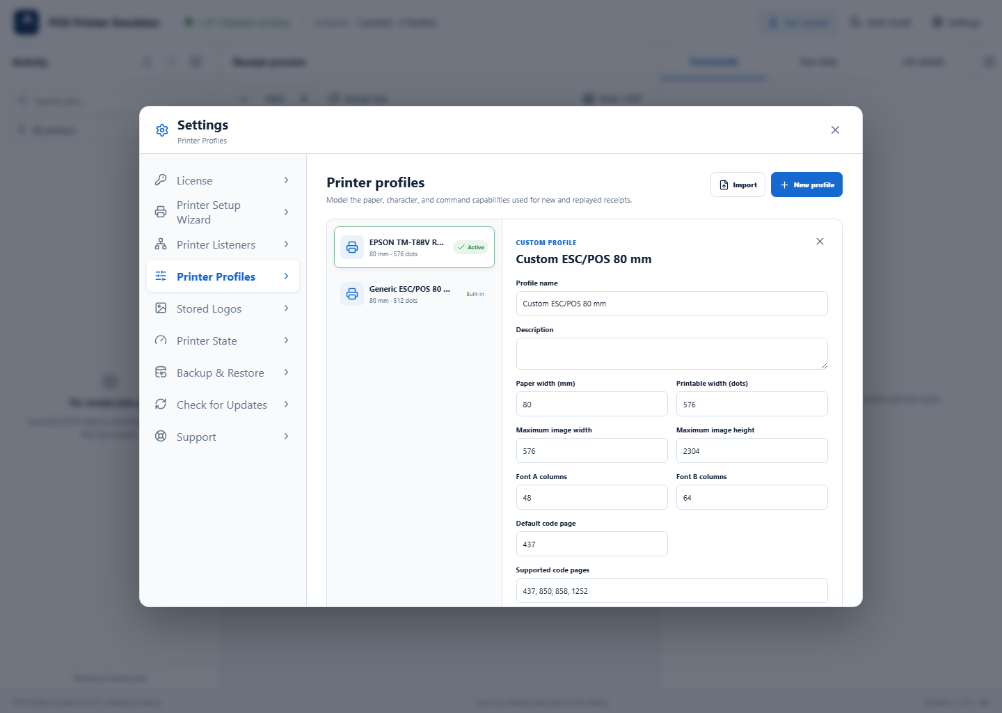 Custom ESC POS printer profile editor