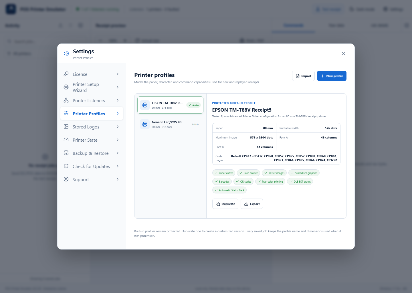 Printer Profiles overview with active built-in profile