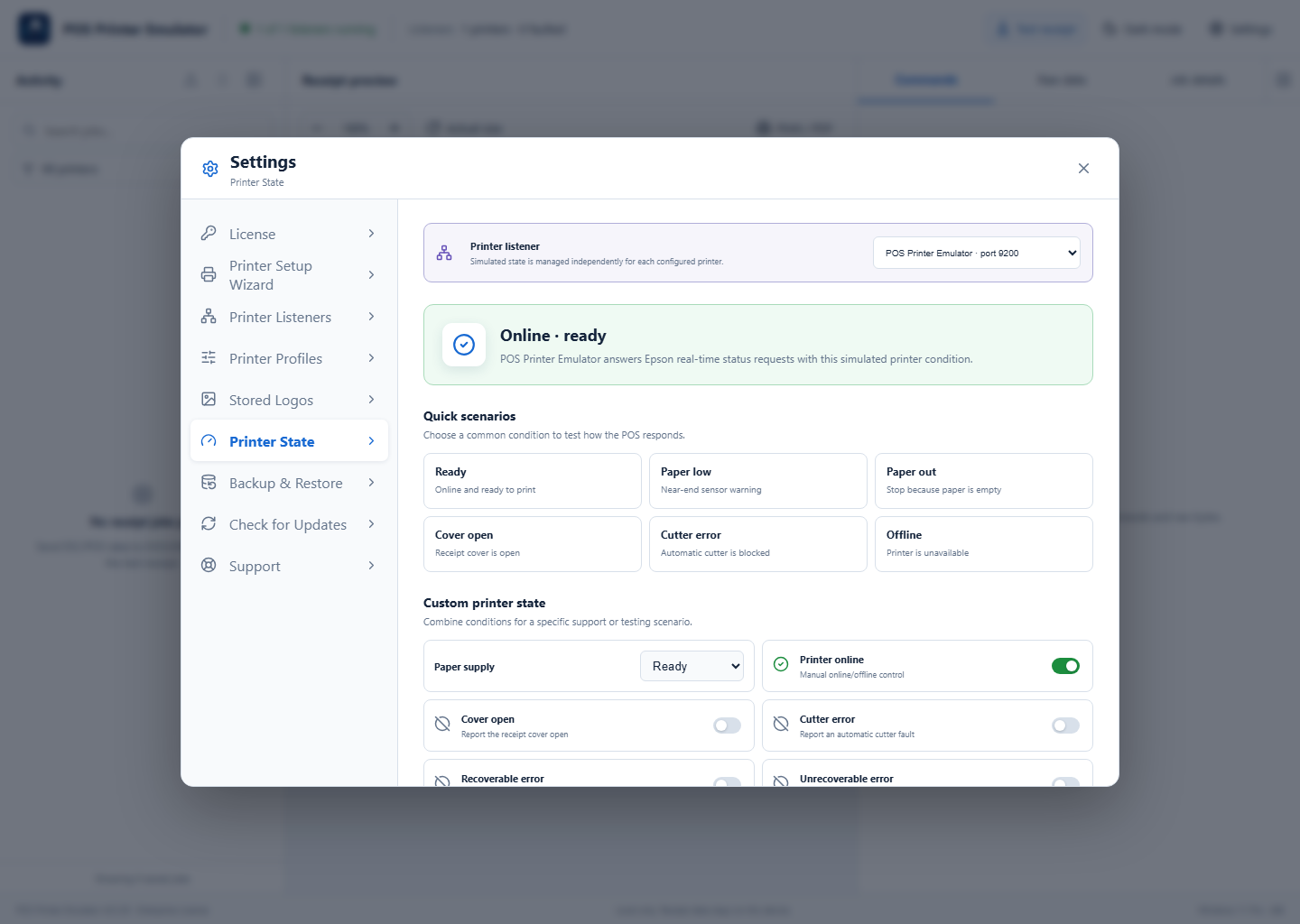 Printer State settings with ready quick scenarios and custom controls