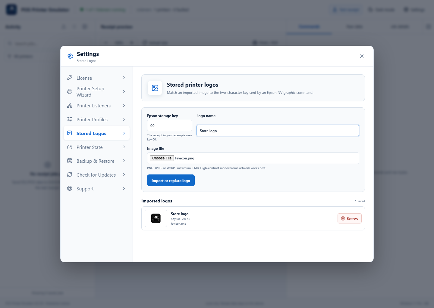 Stored Logos import form with key and image selected