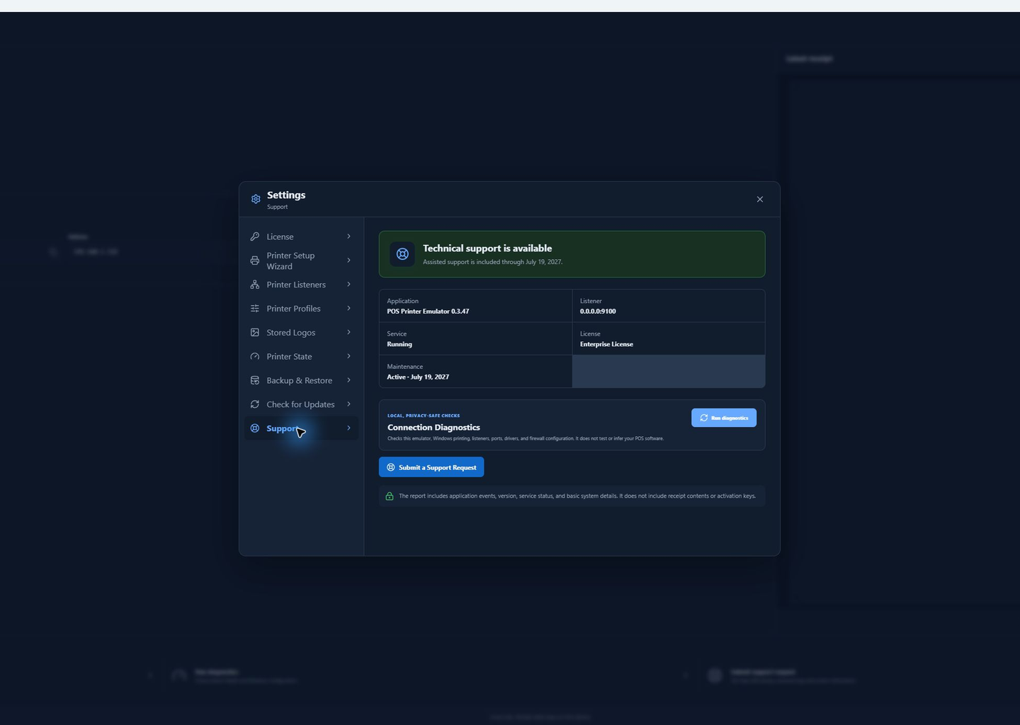 Support page showing passed and attention-needed connection diagnostics in dark mode