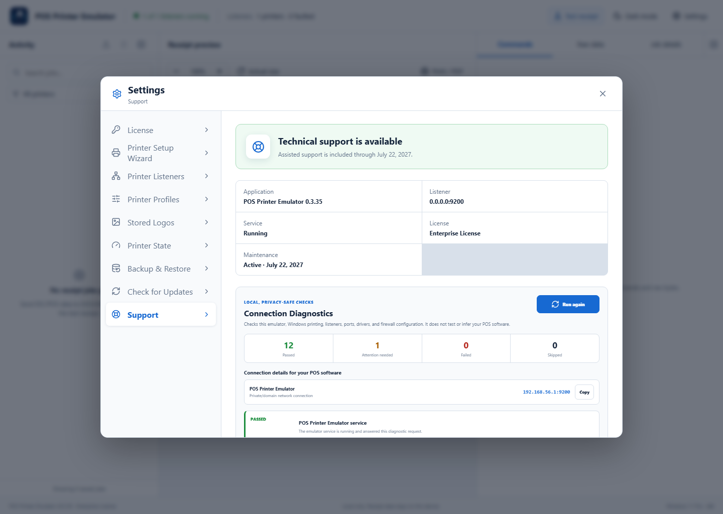 Support page showing passed and attention-needed connection diagnostics