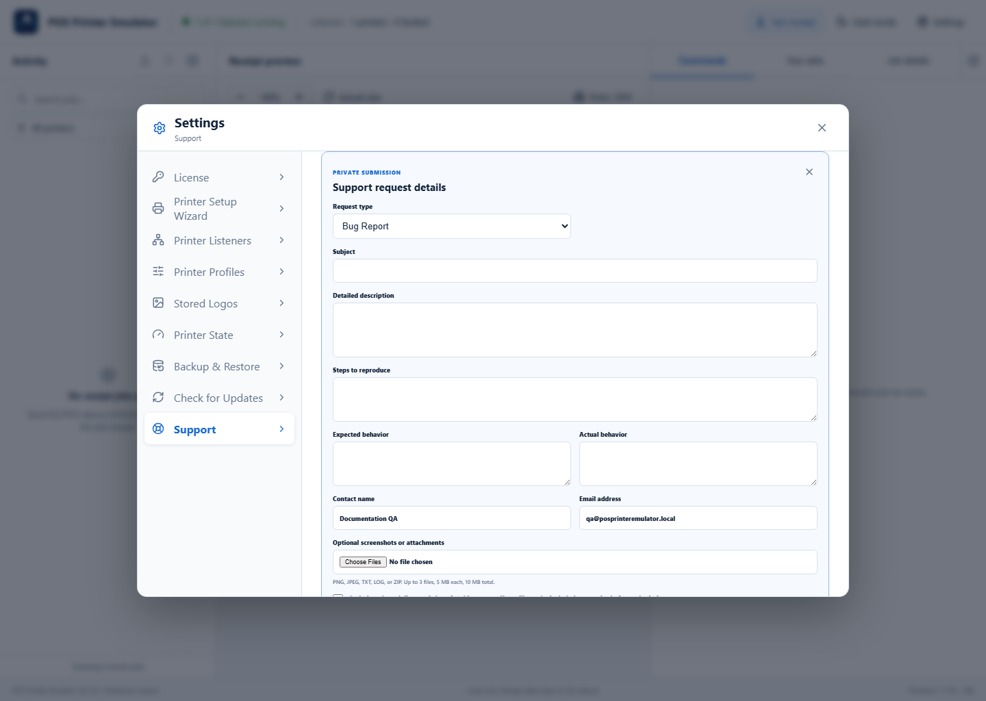 In-app Support Request form for a bug report