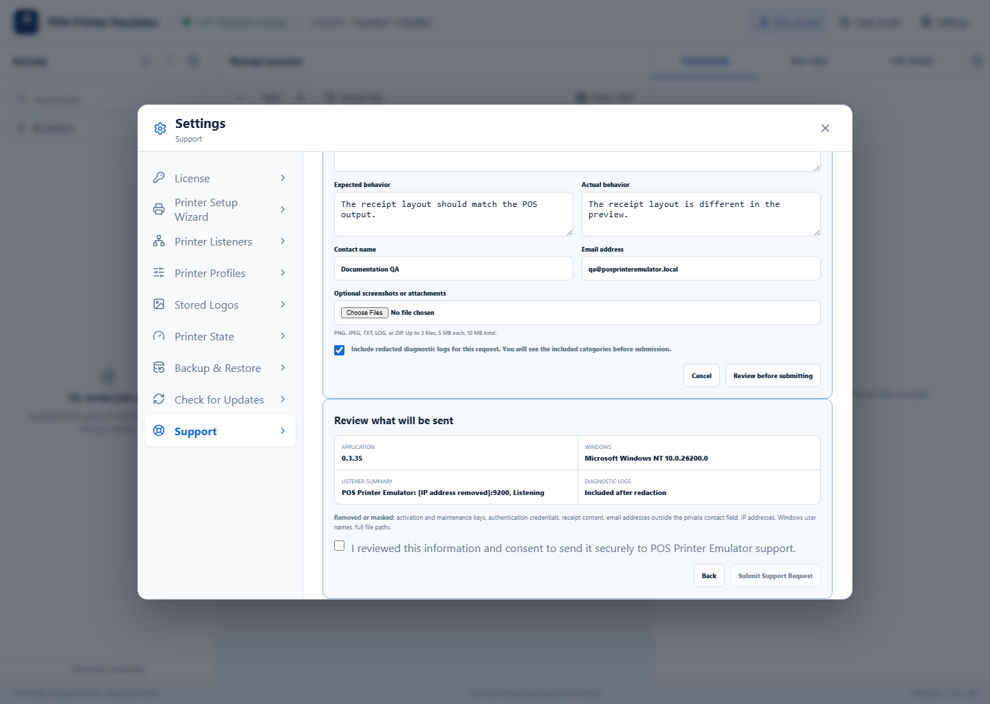 Support request privacy review showing masked information before consent