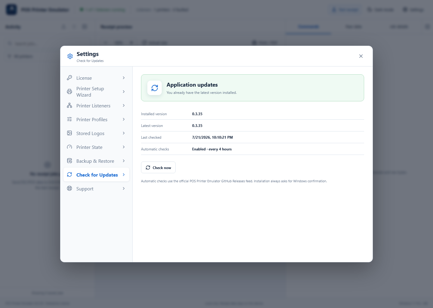 Check for Updates showing current and latest versions